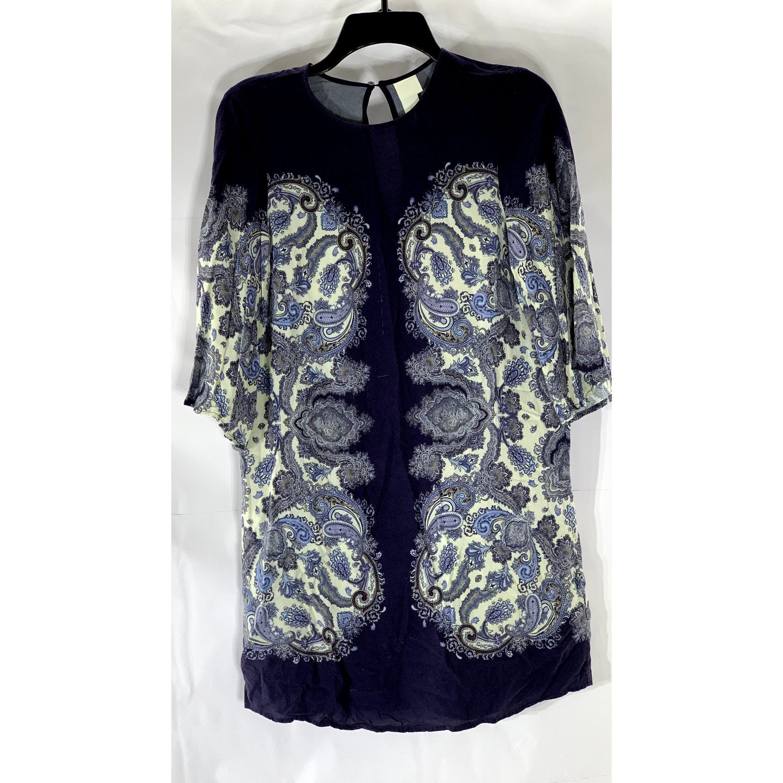 H&M Women's Blue Paisley Print Crewneck Short Sleeve Back Keyhole Dress SZ 2