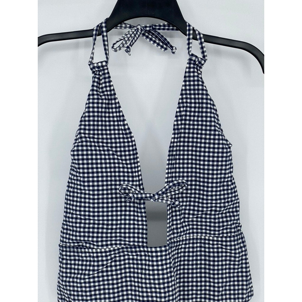VICTORIA SECRET Women's Blue-White Gingham Cutout V-Neck Tie Neck Swimsuit SZ XL