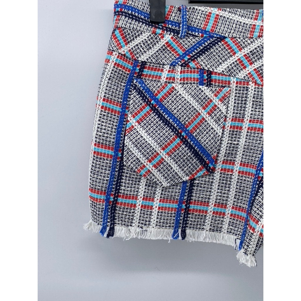 REBECCA MINKOFF Women's Black-Red-Blue Tweed Raw-Hem Shorts SZ 2