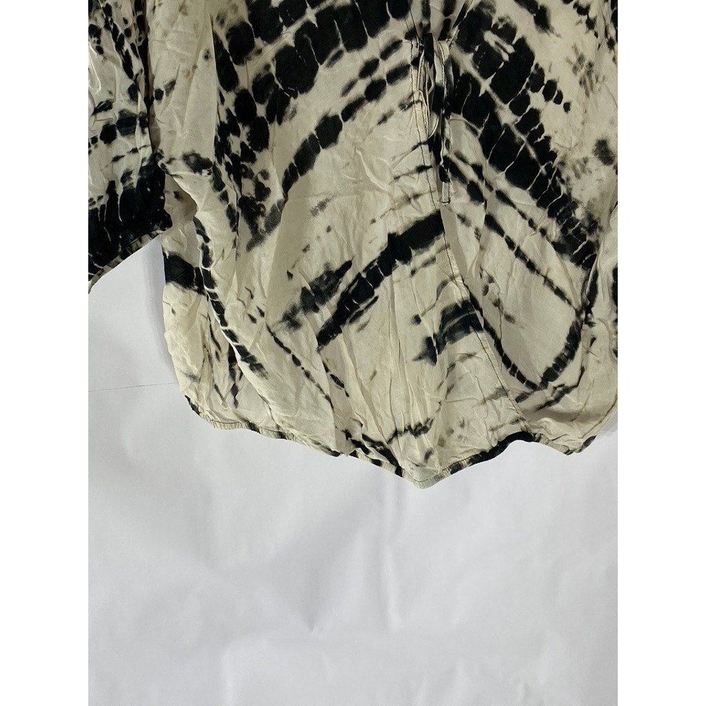 FORVER 21 Women's Beige-Black Surplice Tie-Dye Short Sleeve Relaxed-Fit Top SZ S