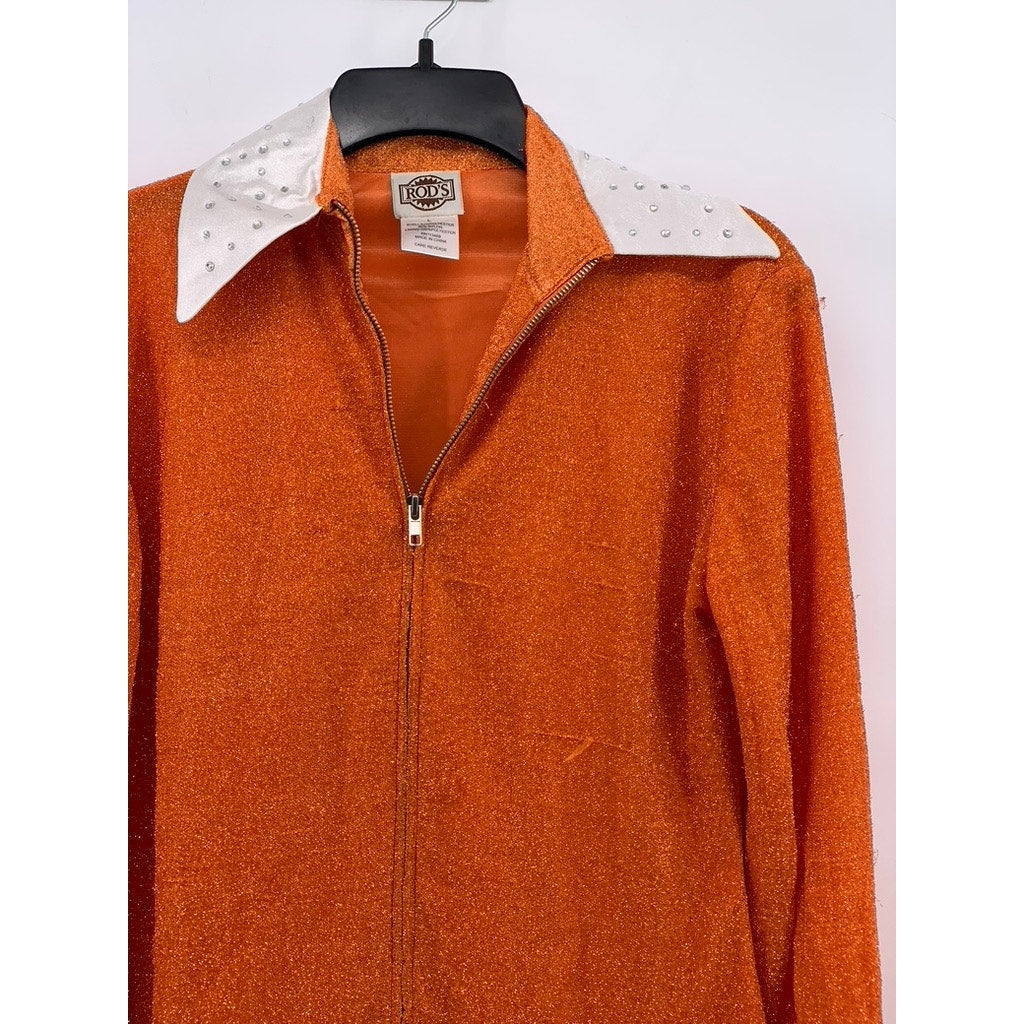 RODS Women's Orange-White Metallic Rhinestone Lightweight Zip-Up Top SZ L
