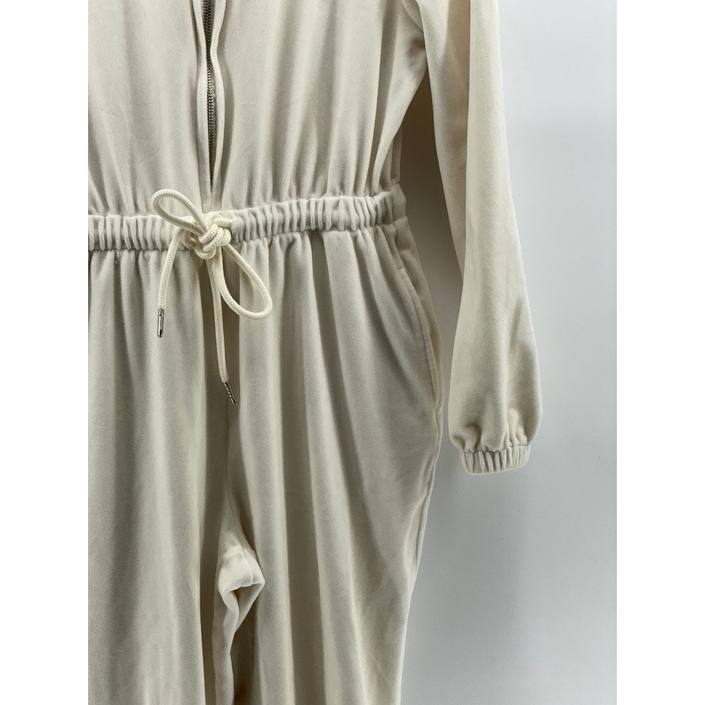 FOREVER 21 Women's Cream Fleece Half-Zip Drawstring Waist Hooded Jumpsuit SZ S
