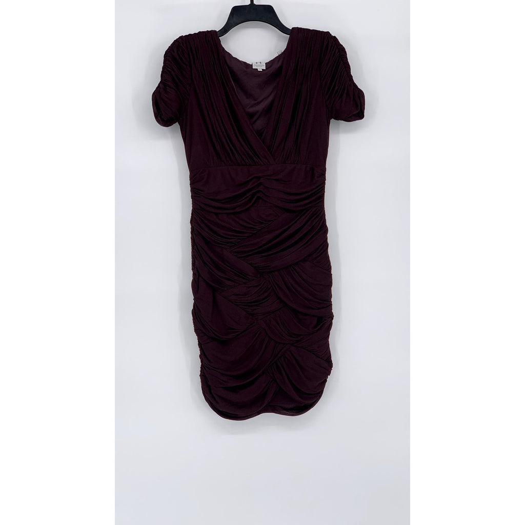 HALSTON HERITAGE Women's Wine Short Sleeve V-Neck Ruched Mini Dress SZ M