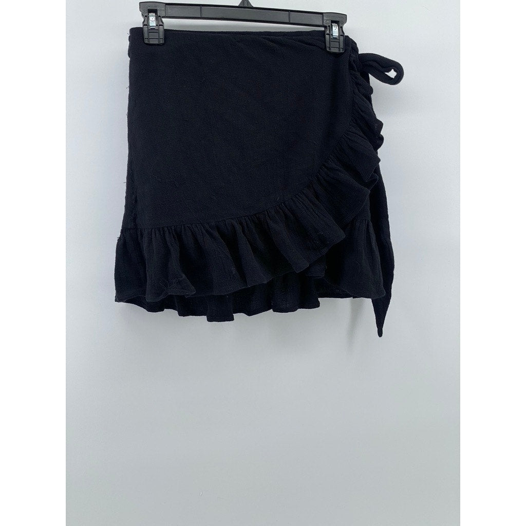 ZARA Women's Black Knit Ruffle-Trim Wrap Mini Skirt SZ XS