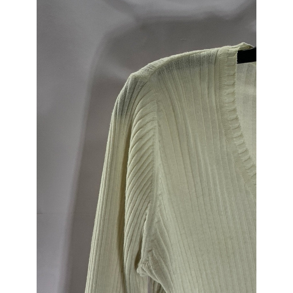 BRANDY MELVILLE Women's Cream Ribbed V-Neck Long Sleeve Crop Top SZ M