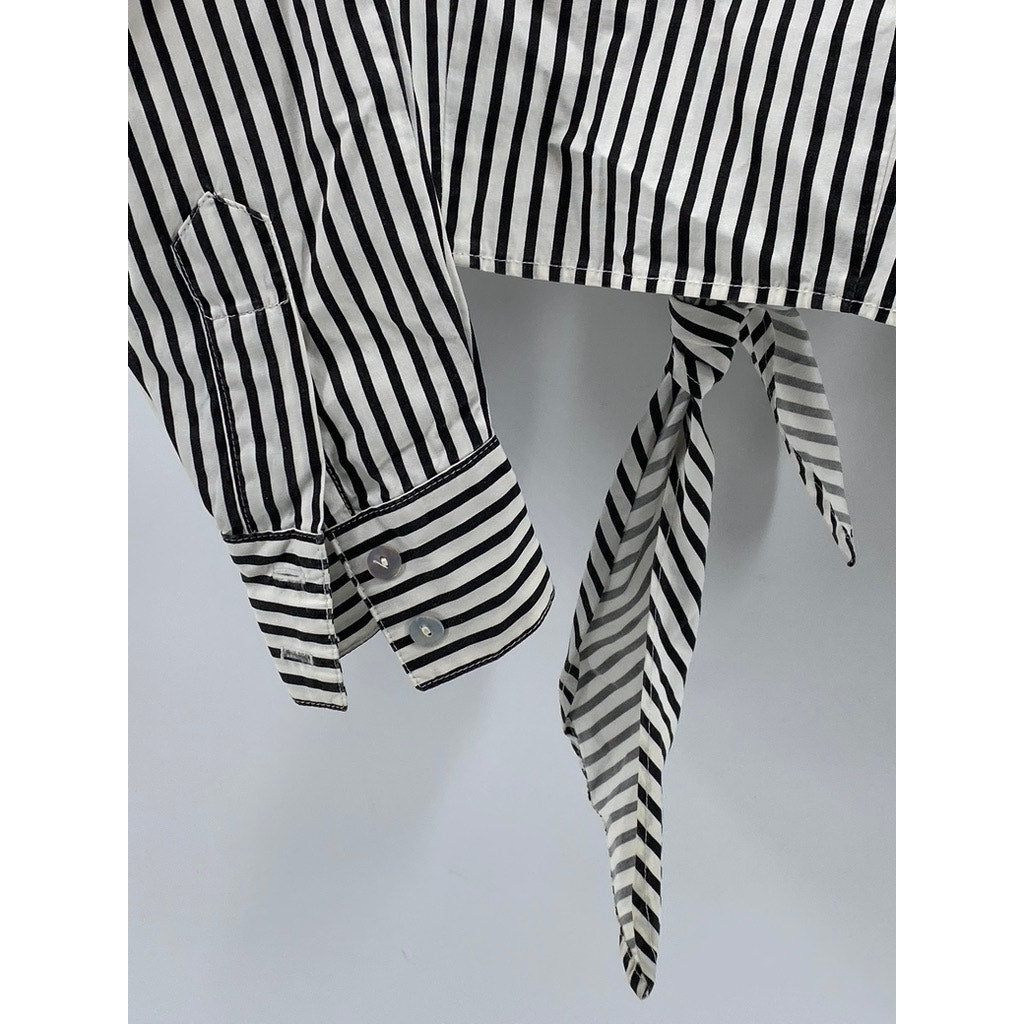 EXPRESS Women’s Black-White Striped Button-Up Tie-Front Cropped Top SZ S