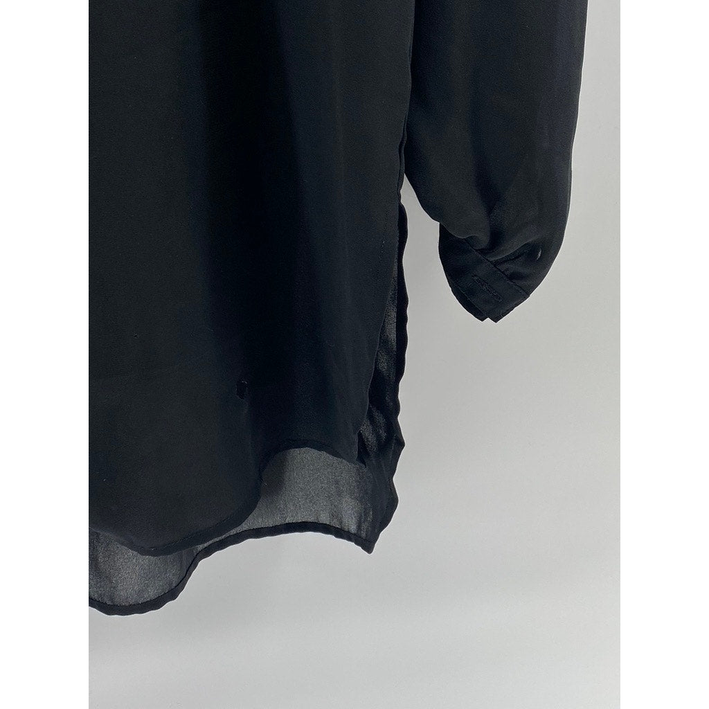 CHAUS Women's Black Sheer Button-Up Long Sleeve Tunic Top SZ 10