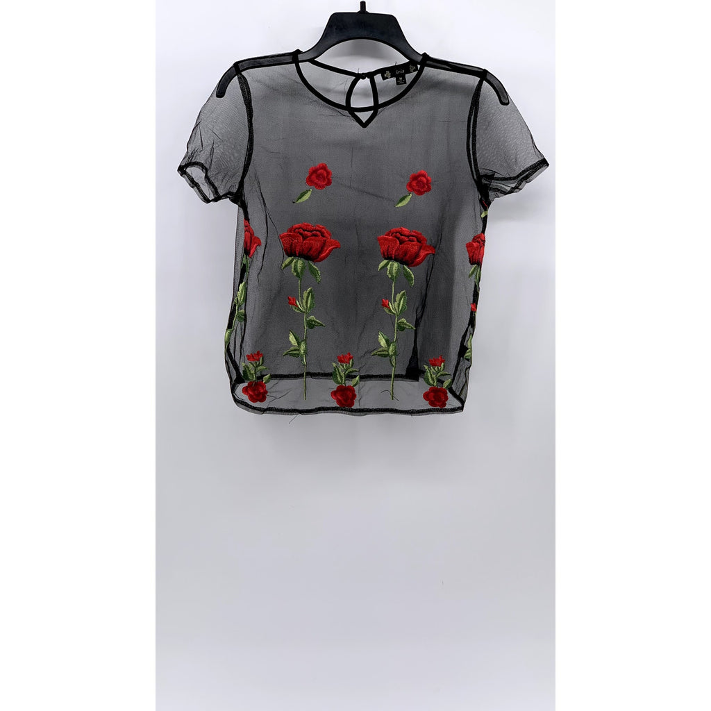 IRIS Women's Black Mesh Embroidered Rose Short Sleeve Crewneck Top SZ M