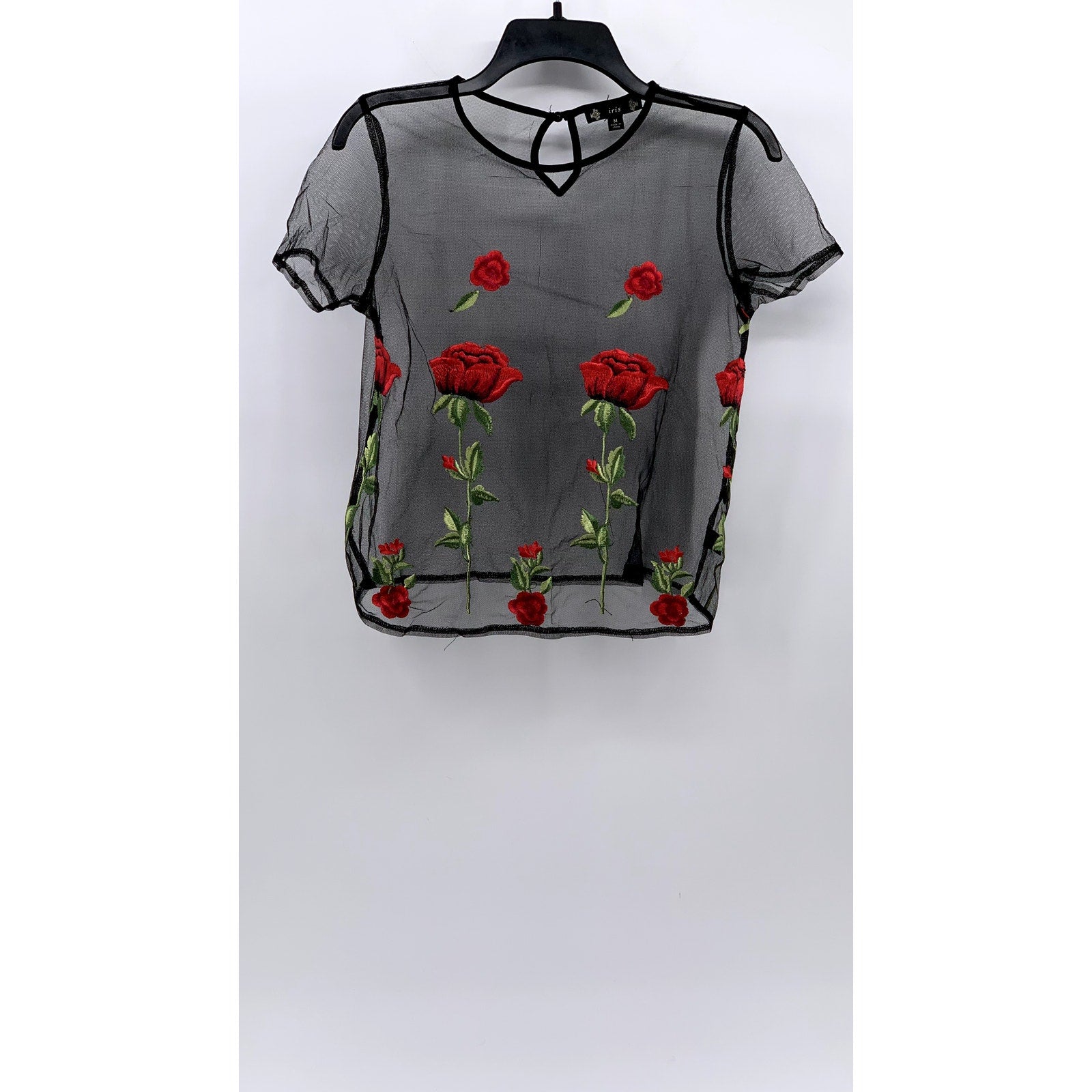 IRIS Women's Black Mesh Embroidered Rose Short Sleeve Crewneck Top SZ M