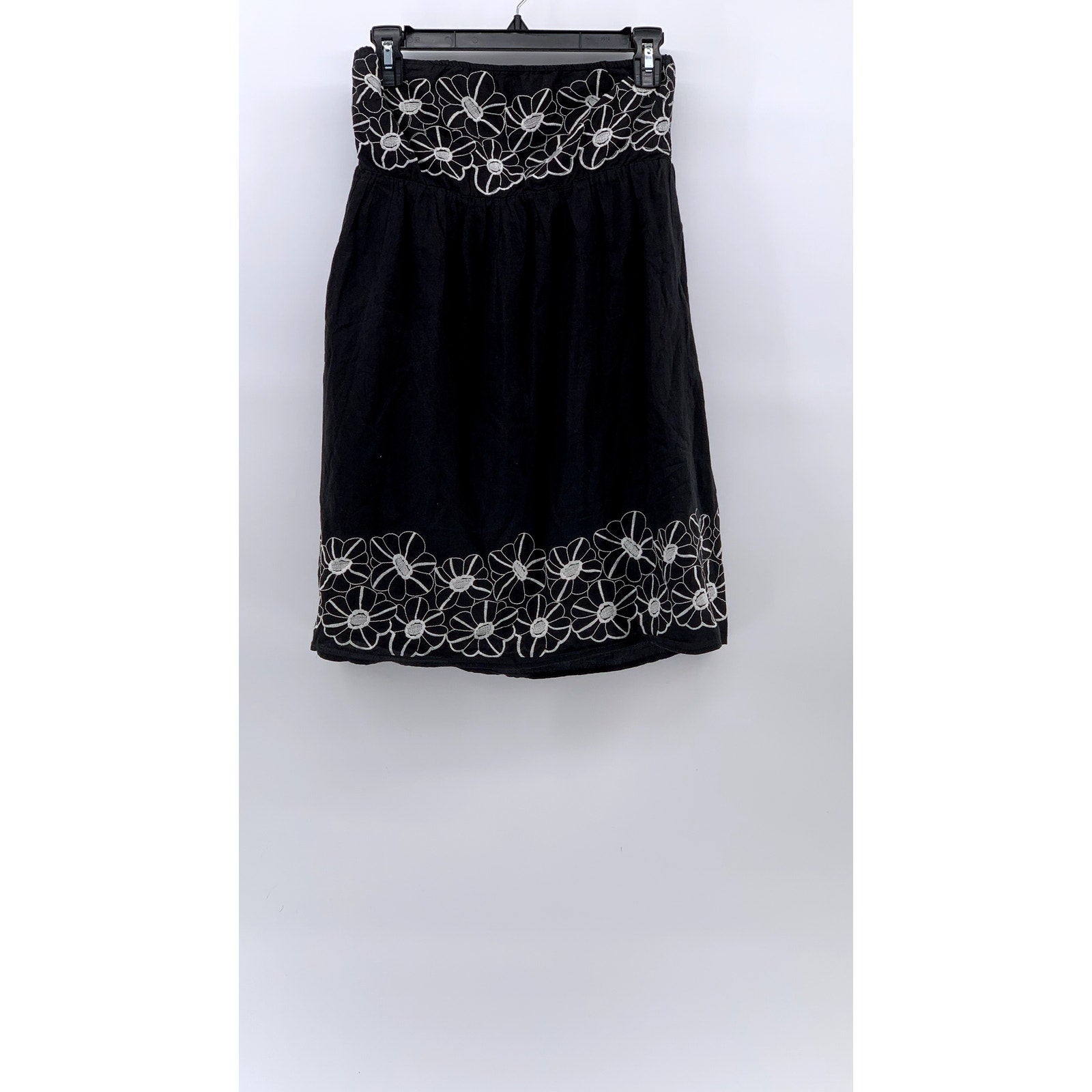 TIMING Women's Black-White Floral Embroidered Strapless A-Line Mini Dress SZ L
