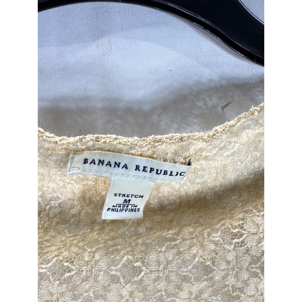 BANANA REPUBLIC Women's Tan Lace Stretch V-Neck Short Sleeve Top SZ M