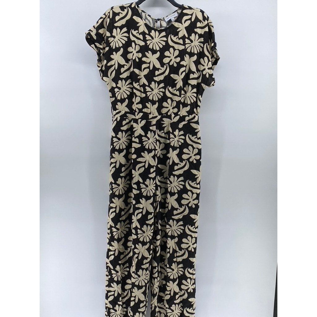 LOST & WONDER Women's Black-Beige Tropic Flair Printed Crewneck Jumpsuit SZ L