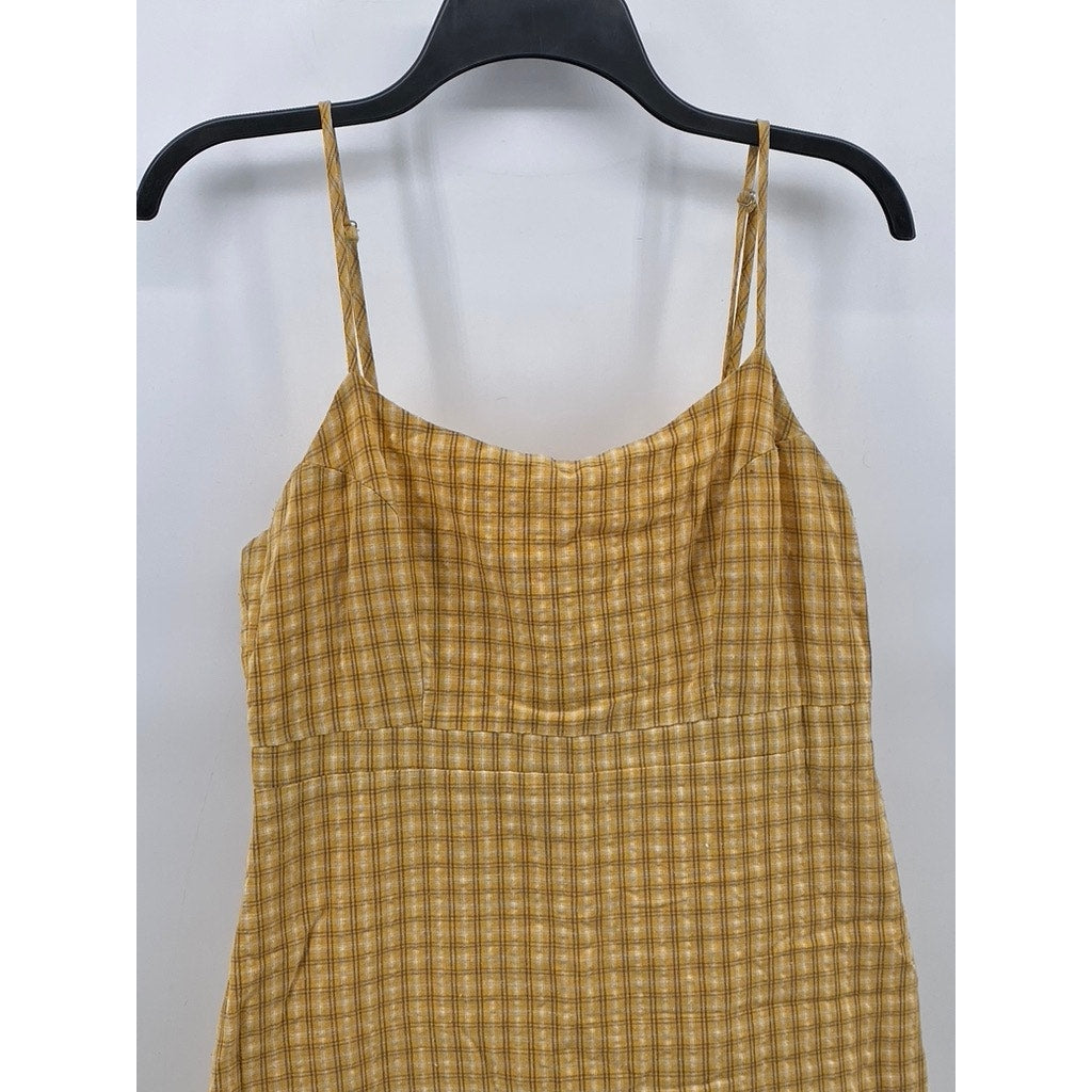 URBAN OUTFITTER Women's Mustard Yellow Emma Plaid Straight-Neck Mini Dress SZ 4