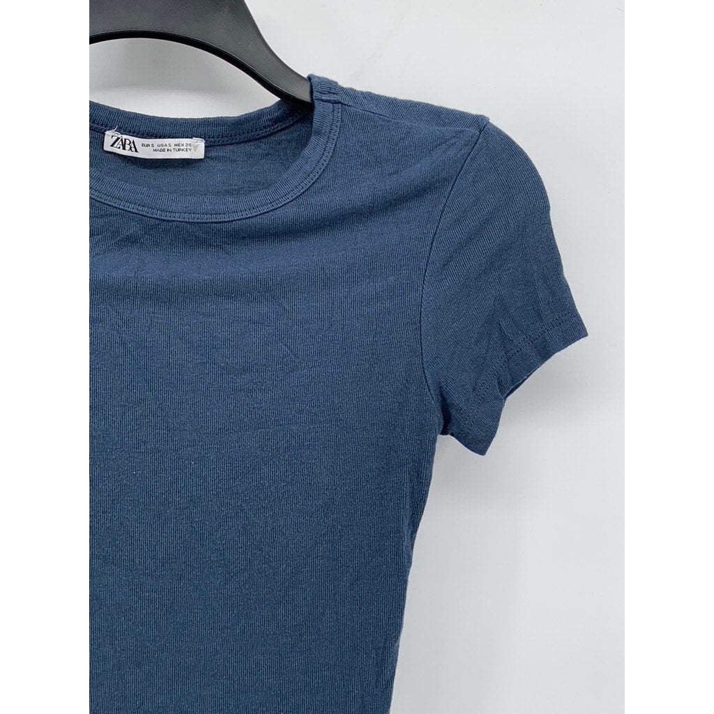 ZARA Women's Dark Blue Rib Knit Crewneck Short Sleeve Cropped T-Shirt SZ S