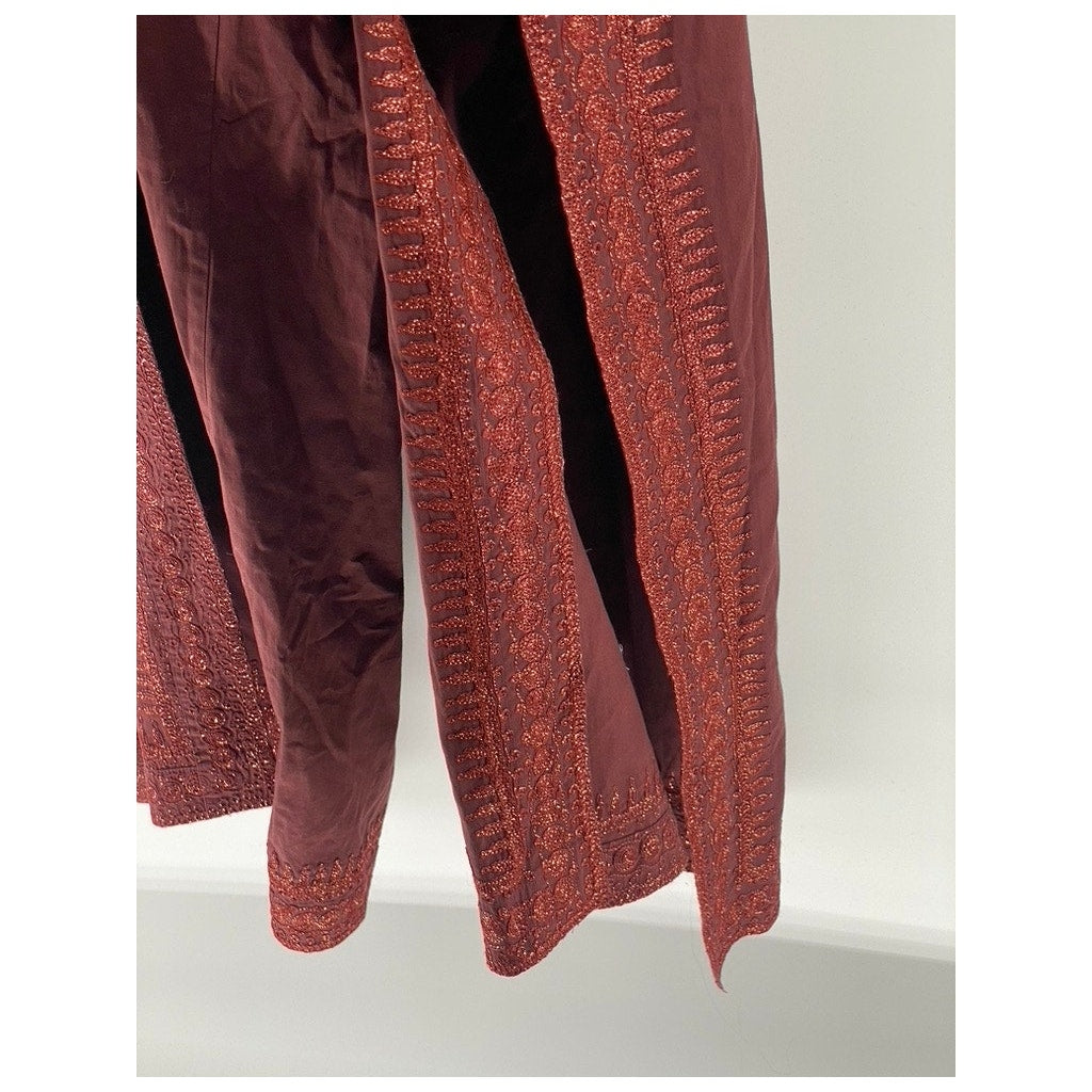 H&M Women's Burgundy Glitter Embroidered Trim Wrap Side Slit Pants 4