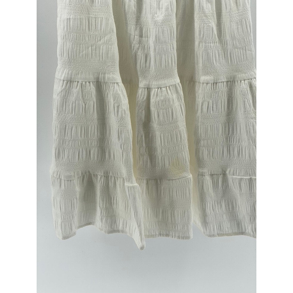 UNBRANDED Women's White Square-Neck Spaghetti Strap Tiered Mini Dress SZ S