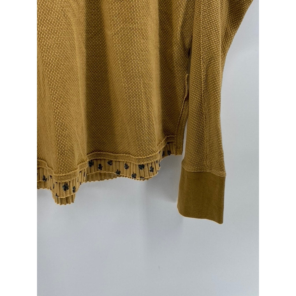 FREE PEOPLE Women's Tan Floral Henley Thermal Long Sleeve Top SZ M