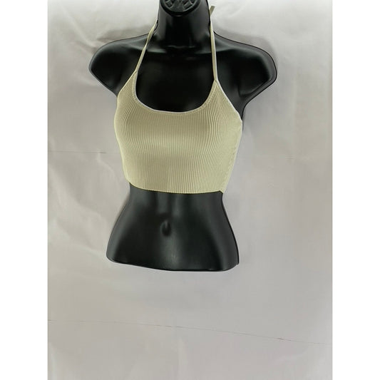 BABATON Women's Tan Ribbed Tie-Neck Halter Scoop-Neck Crop Top SZ S