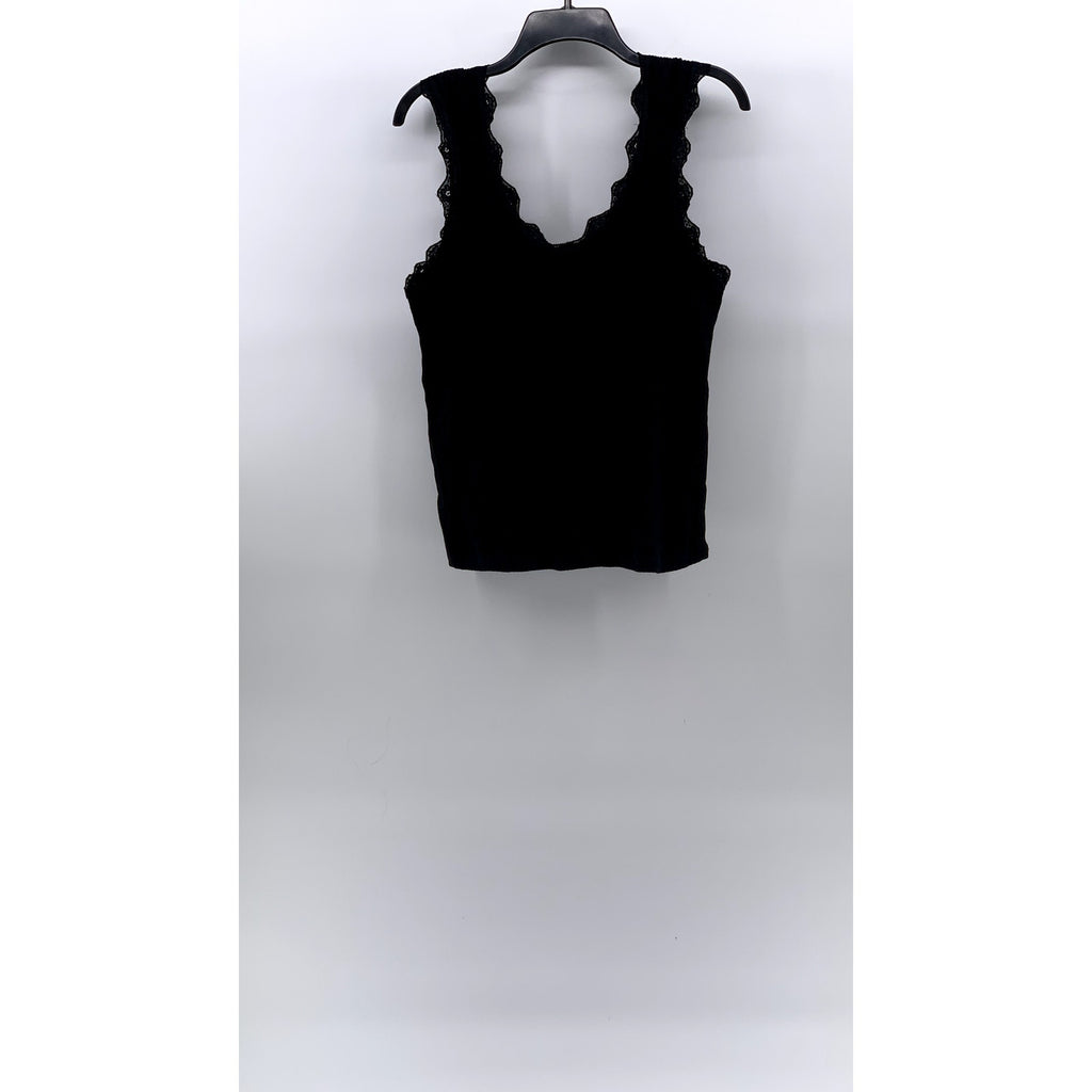 RIVER ISLAND Women's Black Wide-Rib Lace-Trim V-Neck Tank Top SZ 12