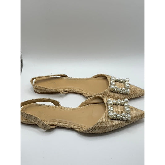 ZARA Women's beige Raffia Weave Pearl Embellished Slingback Sandals SZ 41(US10)