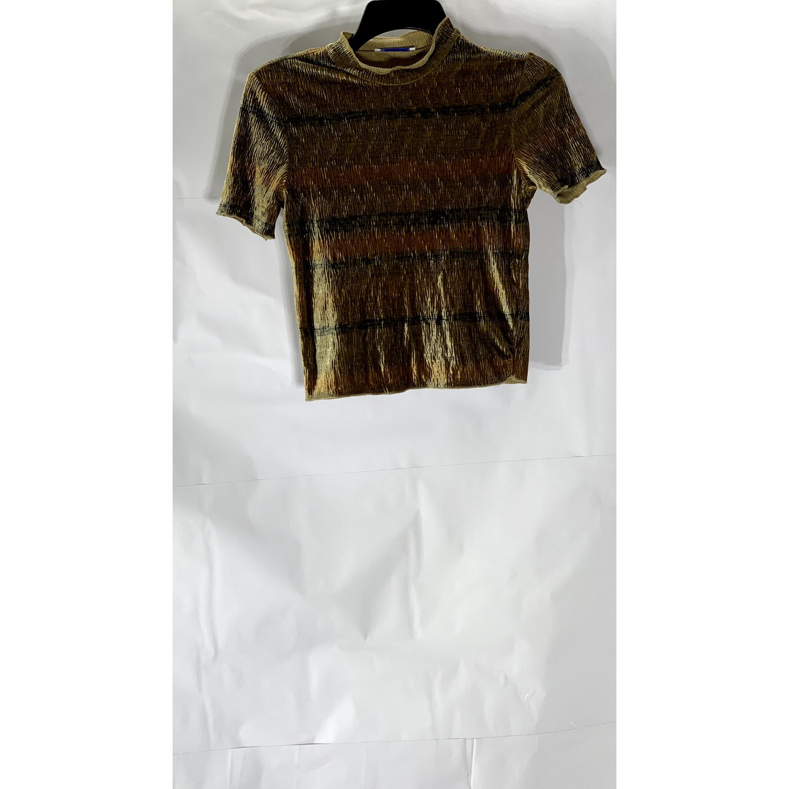 ZARA Women's Brown Printed Crinkle Velvet Mock-Neck Short Sleeve Top SZ S