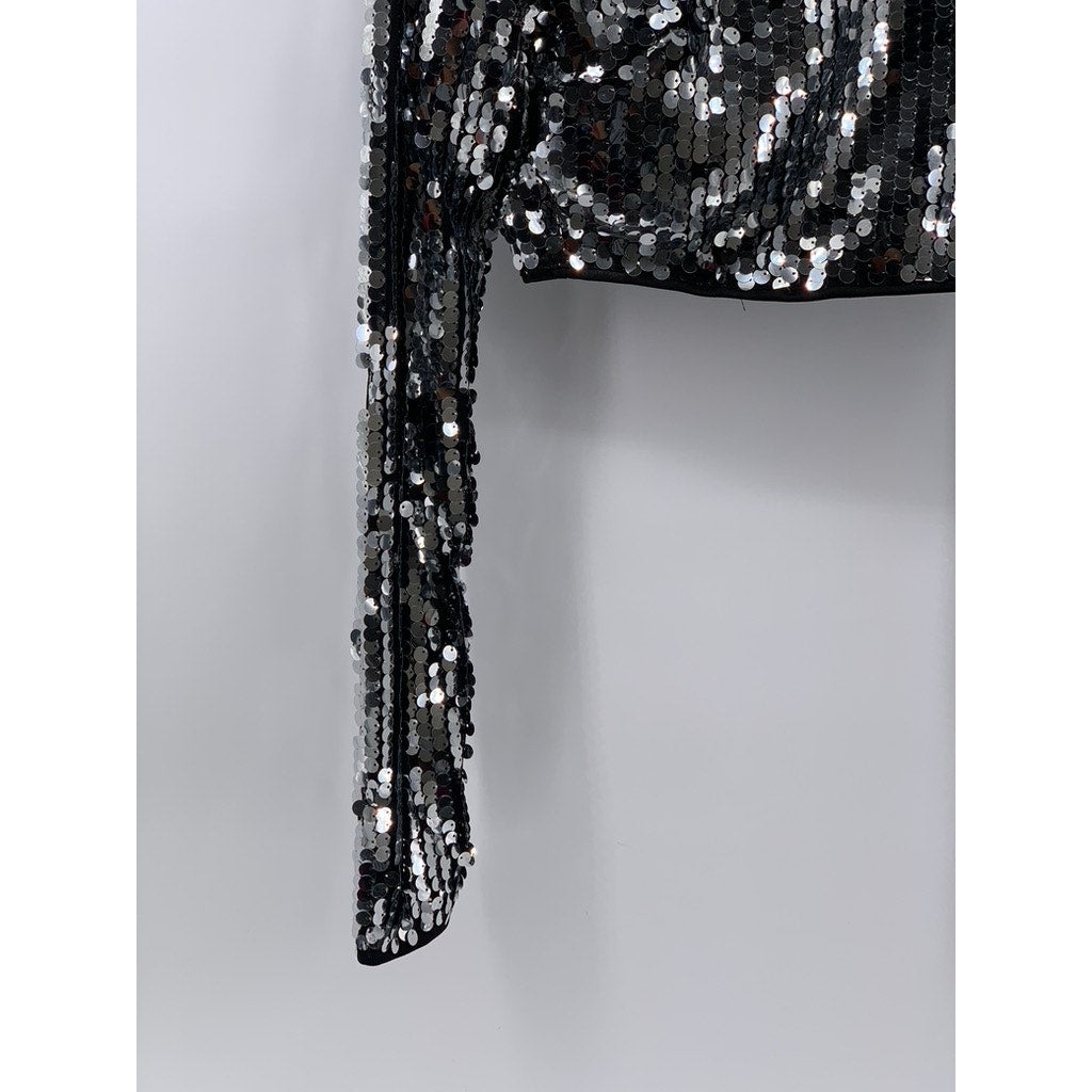 HOT & DELICIOUS Women's Silver-Black Sequin Cropped Long Sleeve Top SZ S