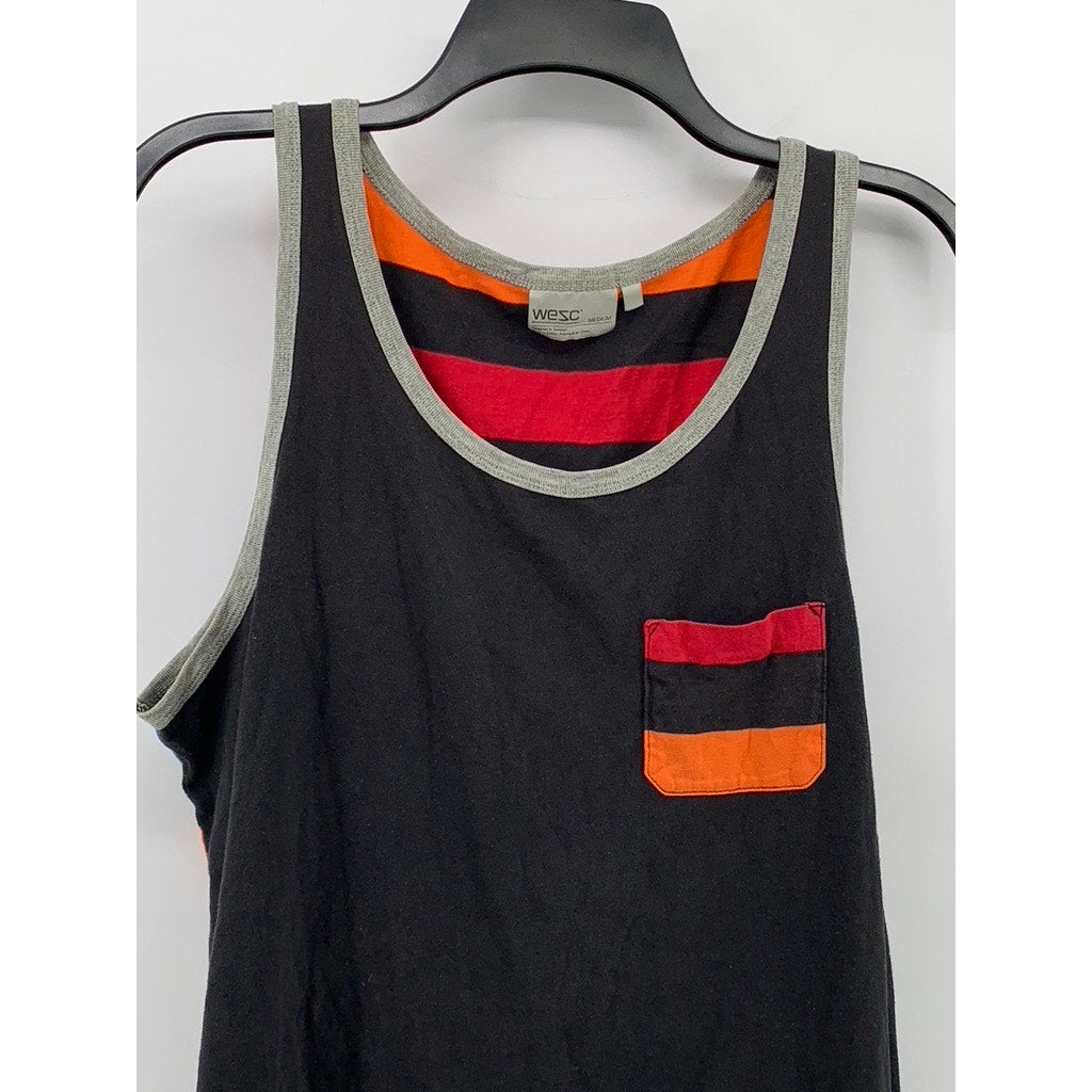 WESC Men's Black-Multi Striped Scoop-Neck Pocket Cotton Casual Tank SZ M