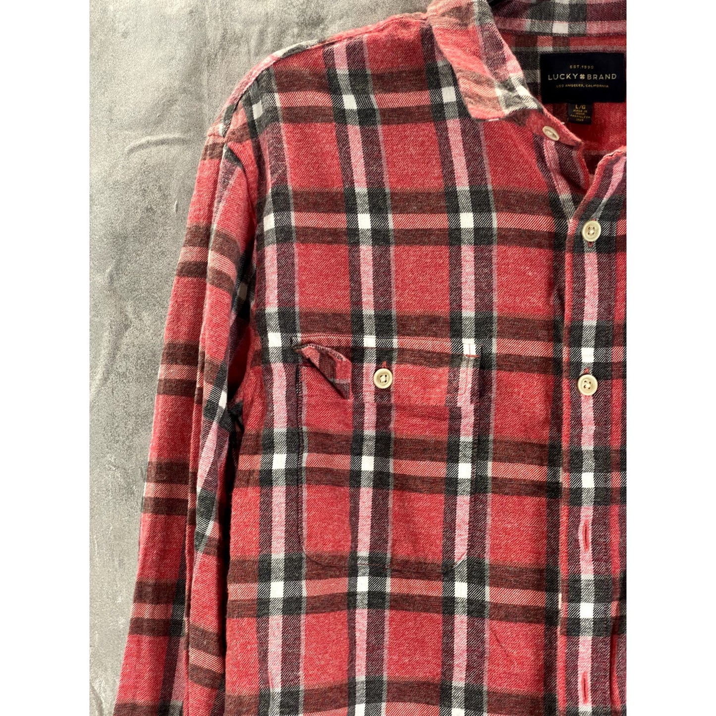 LUCKY BRAND Men's Red Plaid Humboldt Workwear Button-Up Long Sleeve  Shirt SZ L