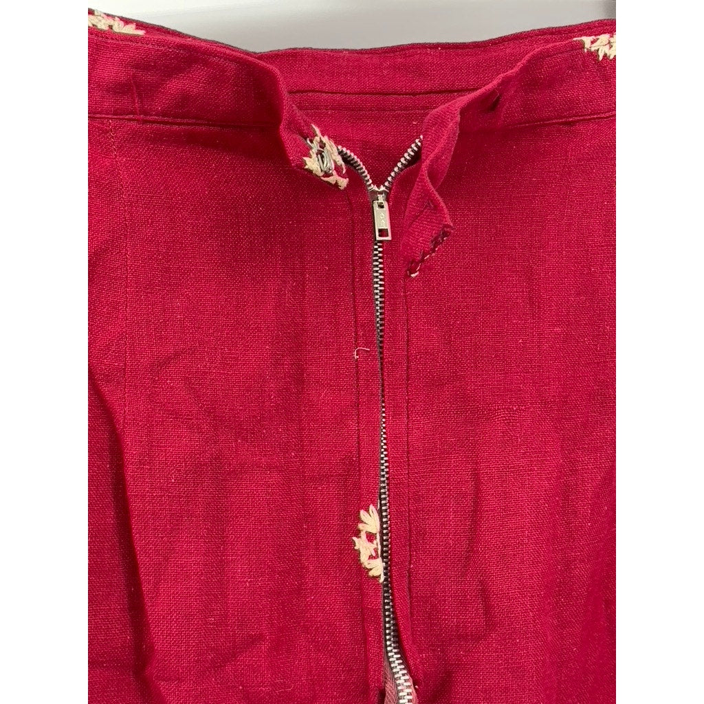 UNBRANDED Women's Burgundy-Beige Embroidered Embellished Eyelet Midi Skirt SZ S