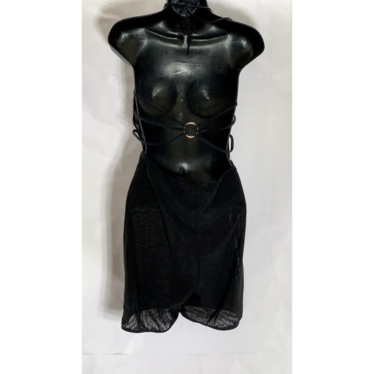 I.AM.GIA Women’s Black Mesh Kendra Plunging O-Ring Backless Romper SZ L