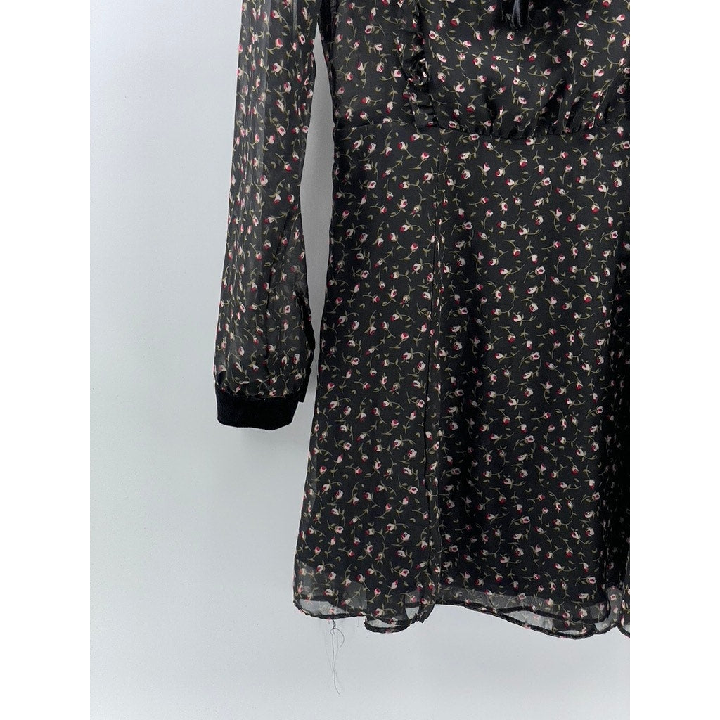 LUSH Women's Black Floral Velvet Tie-Neck Long Sleeve Ruffle Mini Dress SZ S