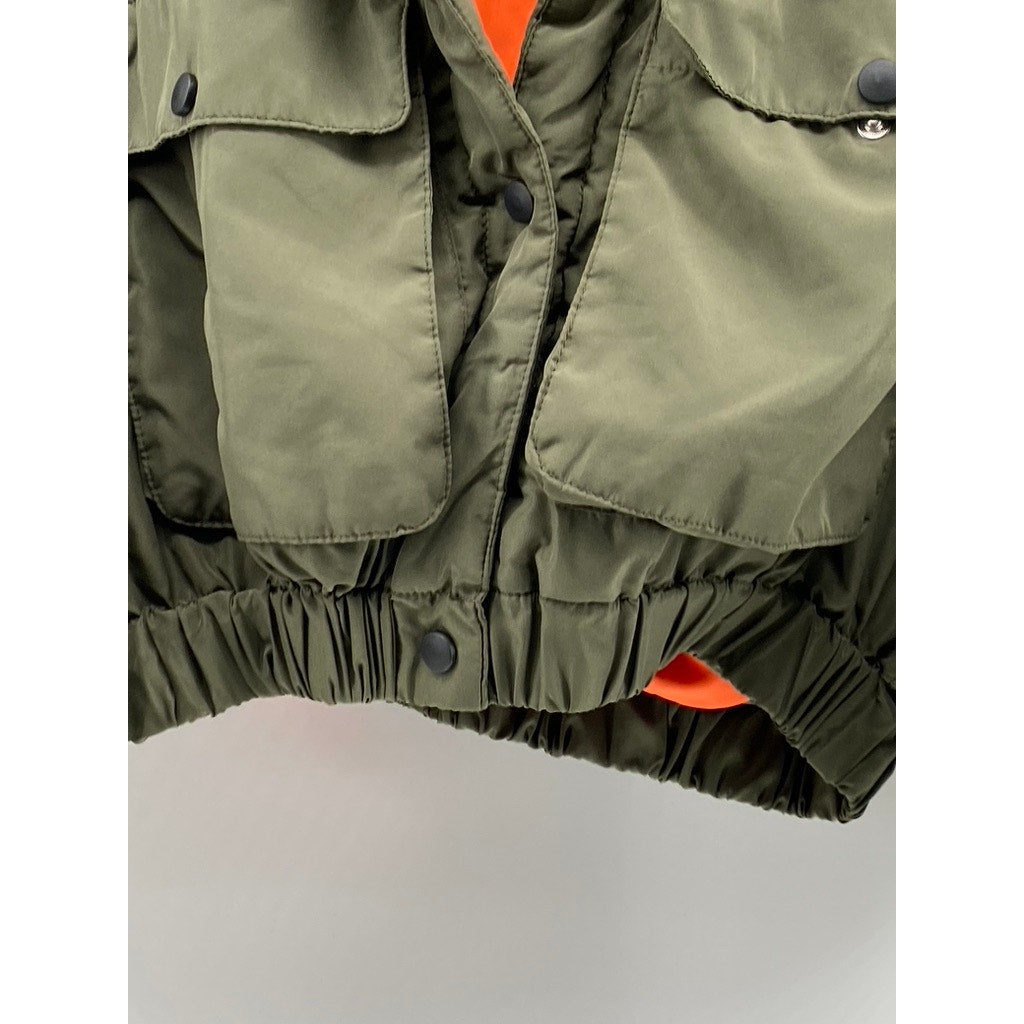 LABIJOU Women's Olive Green Snap-Button Cropped Puffer Jacket SZ M