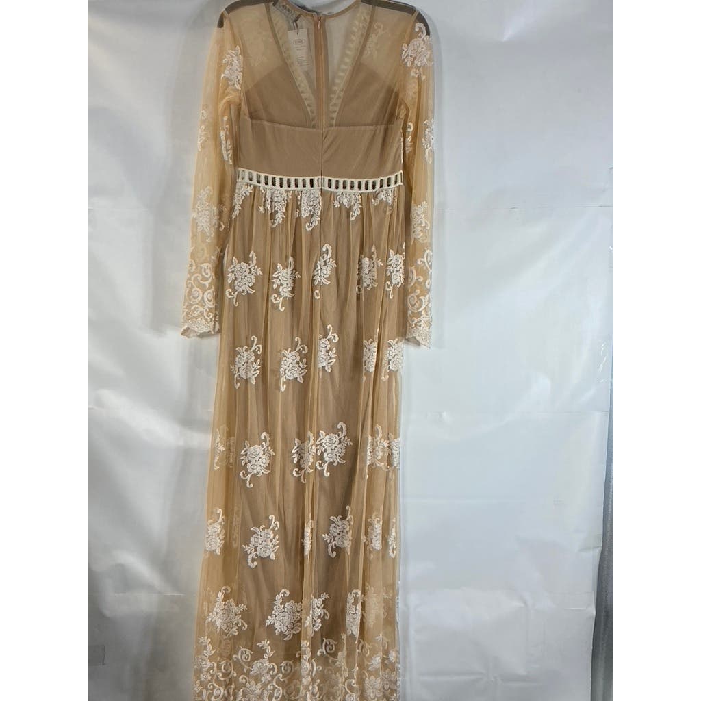 CIDER Women's Tan V-Neck Mesh Floral Lace Long Sleeve Maxi Dress SZ M(US6)