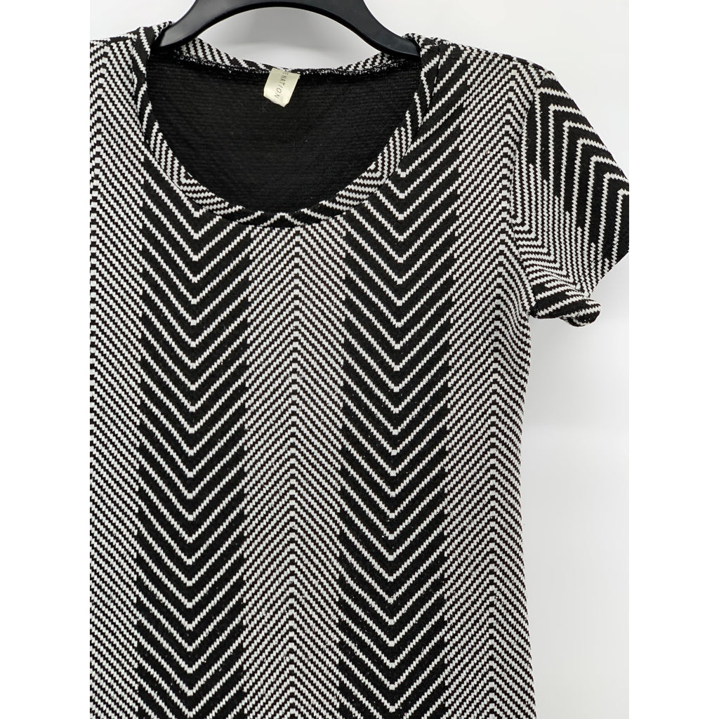 LOVE NATION Women's Black-White Herringbone Crewneck Short Sleeve Dress SZ S