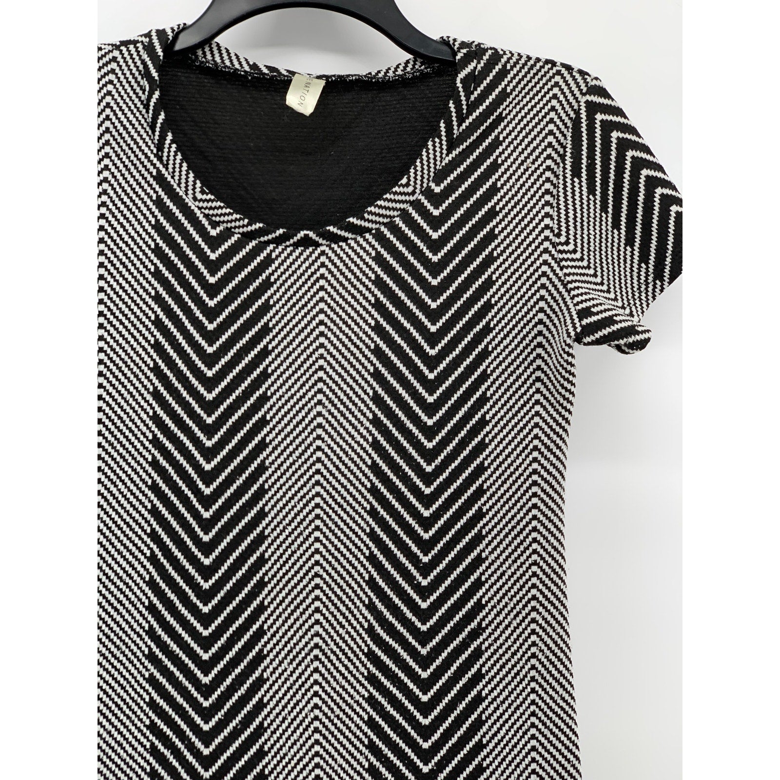 LOVE NATION Women's Black-White Herringbone Crewneck Short Sleeve Dress SZ S