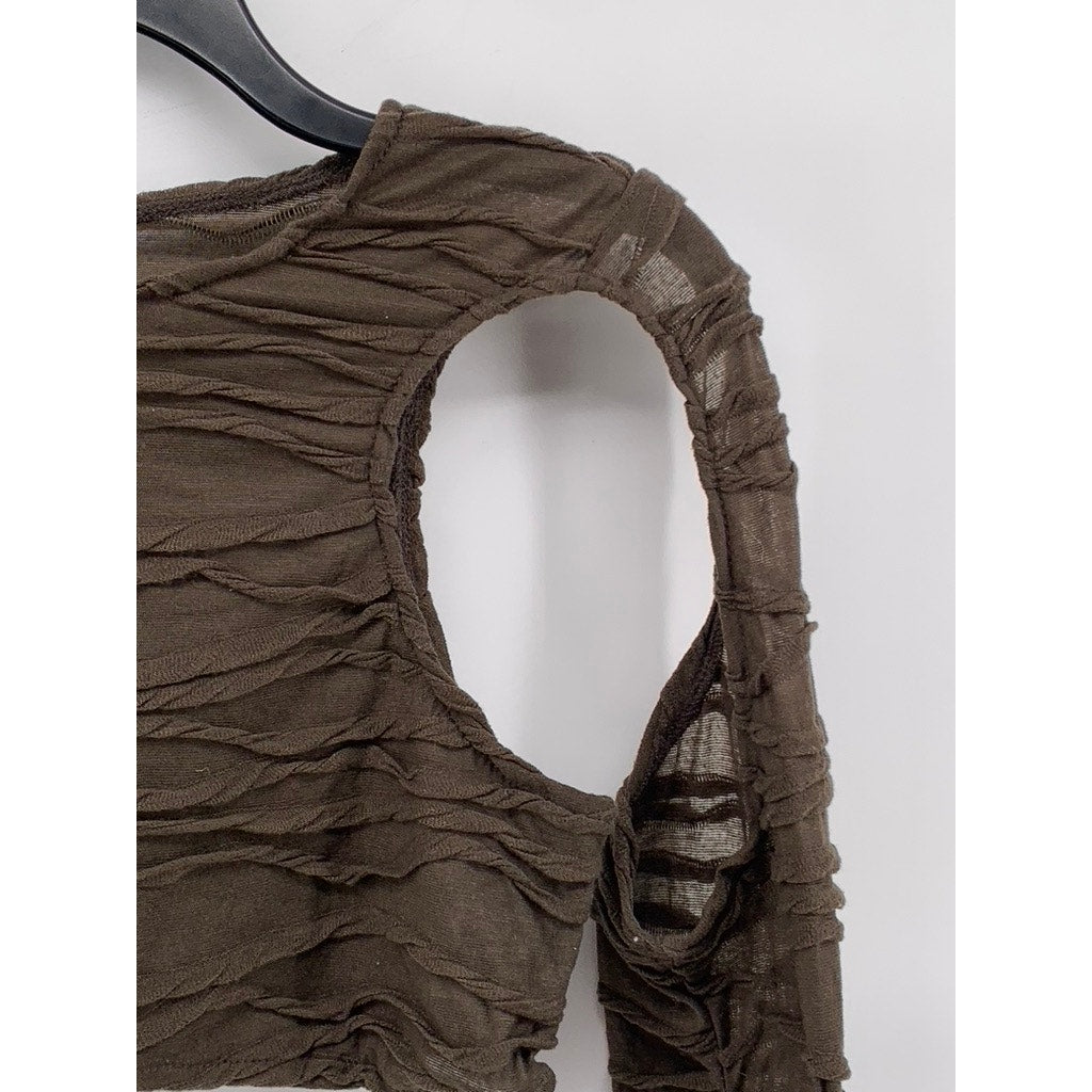 SHEIN Women's Brown Sheer Textured Long Sleeve Cutout Crewneck Crop Top SZ 8/10