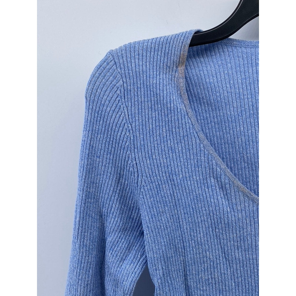 H&M Women's Blue Ribbed Scoop-Neck Long Sleeve Top SZ M