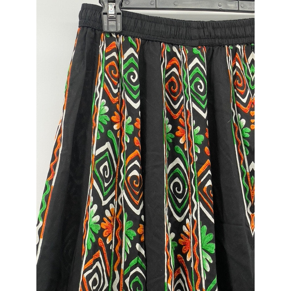 BELMA Women's Vintage Black-Multi Printed A-Line Drawstring Midi Skirt SZ S