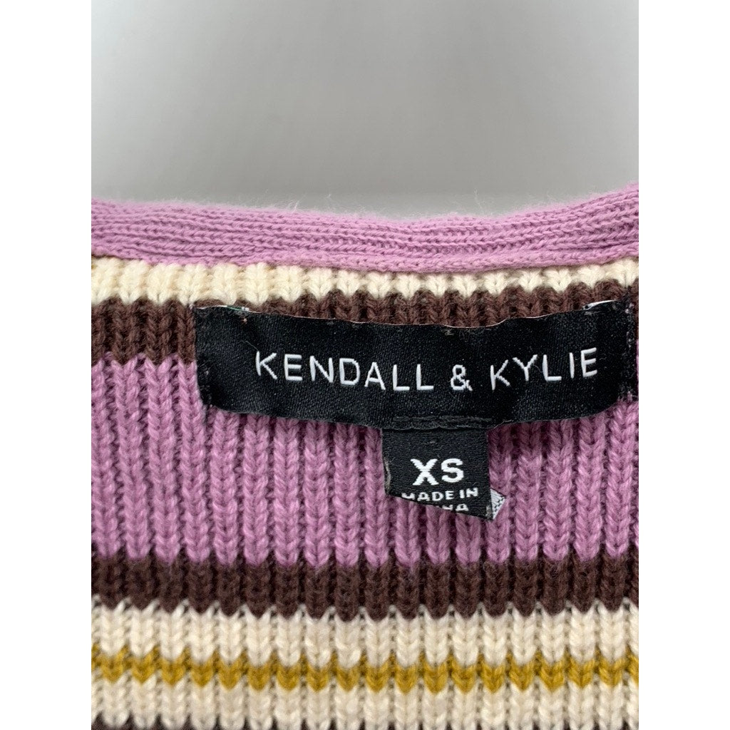 KENDALL & KYLE Women's Pink-Tan Striped Ribbed Hooded Cropped Sweater SZ XS