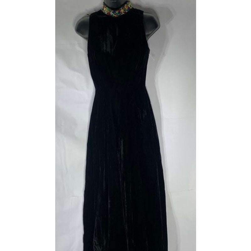 ILGWU Women's Vintage Black Velvet Embroidered Mock-Neck Sleeveless Jumpsuit SZS