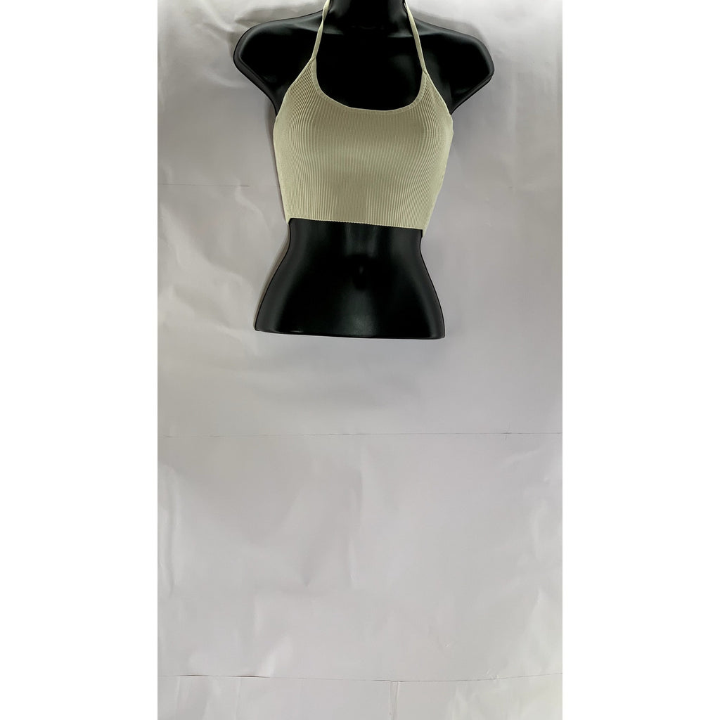 BABATON Women's Tan Ribbed Tie-Neck Halter Scoop-Neck Crop Top SZ S