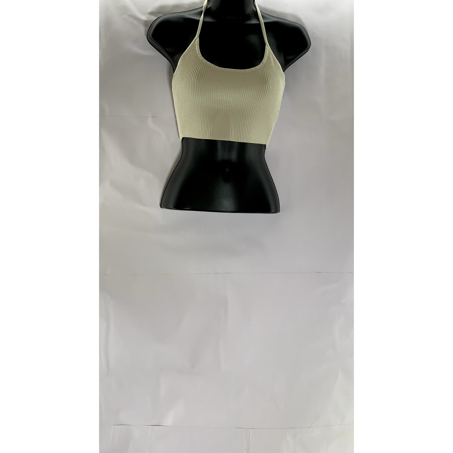 BABATON Women's Tan Ribbed Tie-Neck Halter Scoop-Neck Crop Top SZ S