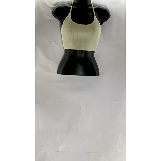 BABATON Women's Tan Ribbed Tie-Neck Halter Scoop-Neck Crop Top SZ S