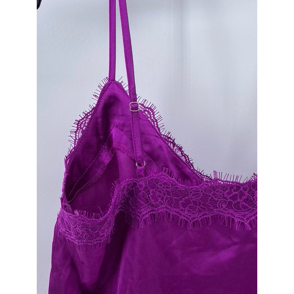FOREVER 21 Women's Purple Lace-Trim Spaghetti Strap Satin Cami Top SZ S