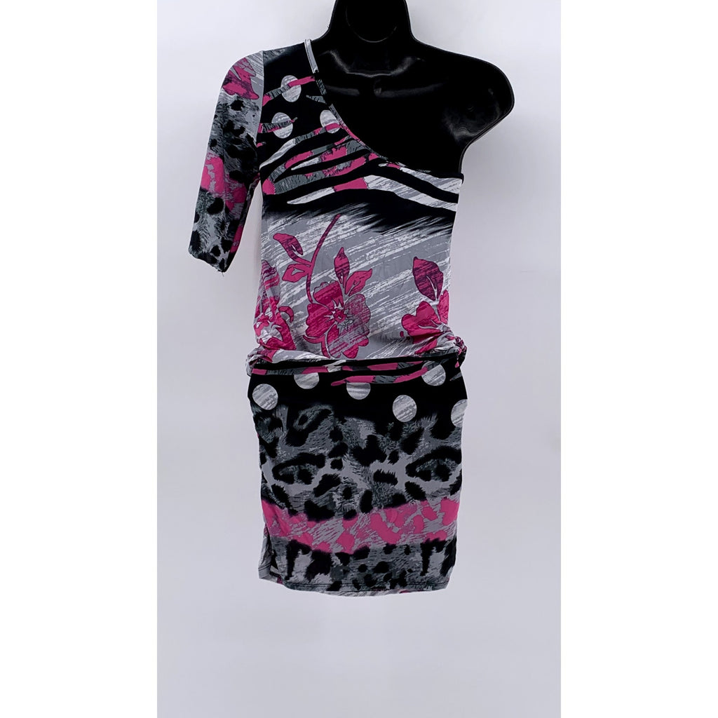 VIXEN Women's Gray-Pink Printed One-Shoulder Sleeve Bodycon Mini Dress SZ S