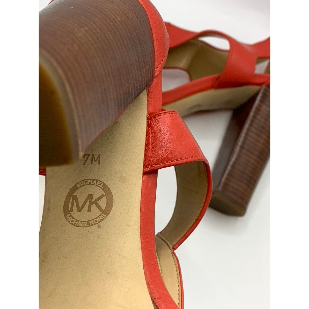 MICHAEL KORS Women's Red Coral Leather Berkley T-Strap Platform Heels SZ 7