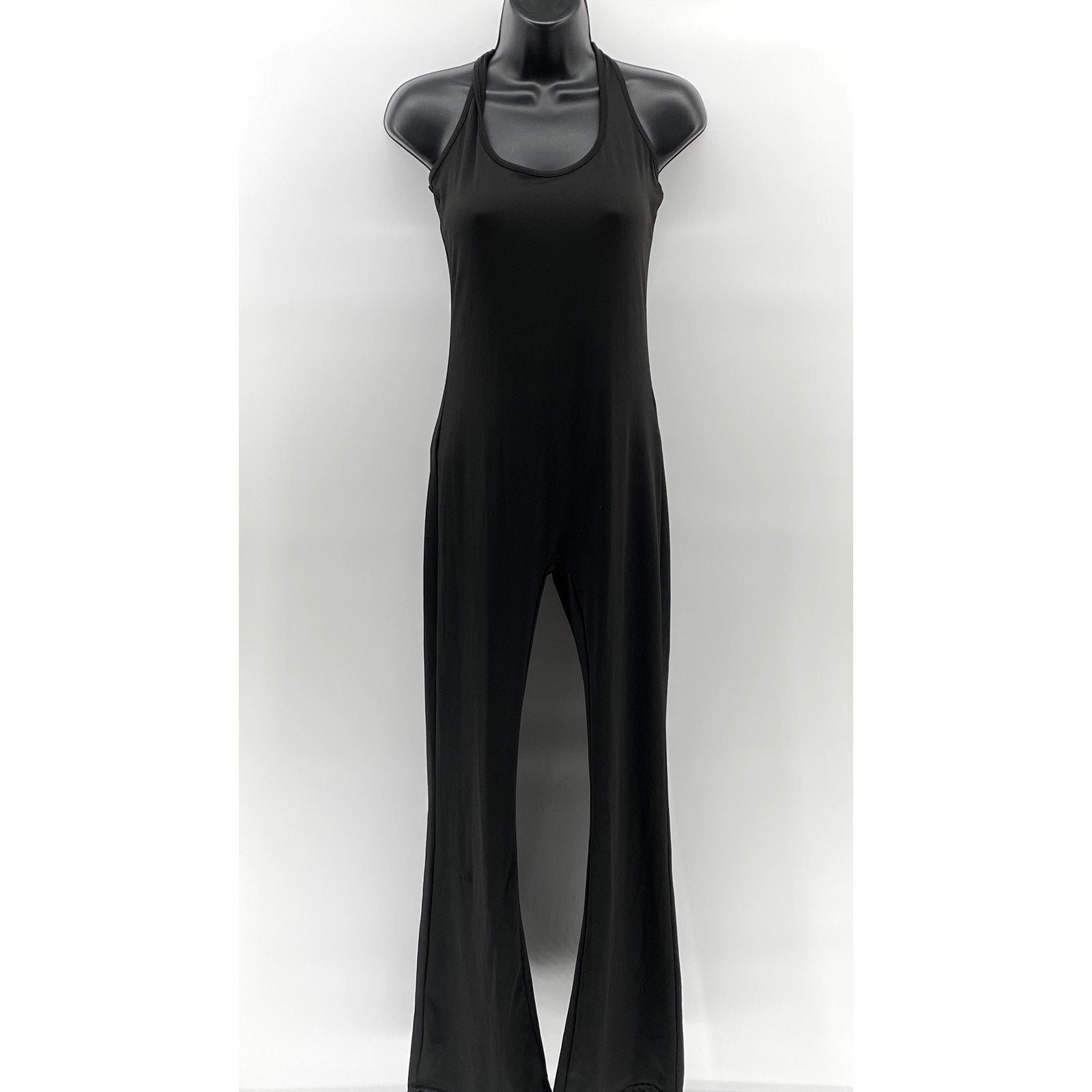 UNBRANDED Women's Black Solid Scoop-Neck Cross-Back Flare Jumpsuit SZ S