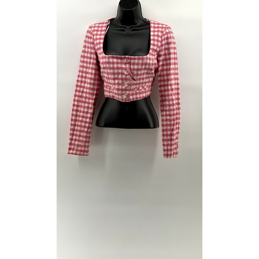 ZARA Women’s Pink Gingham Button-Up Straight Neck Long Sleeve Crop Top SZ M