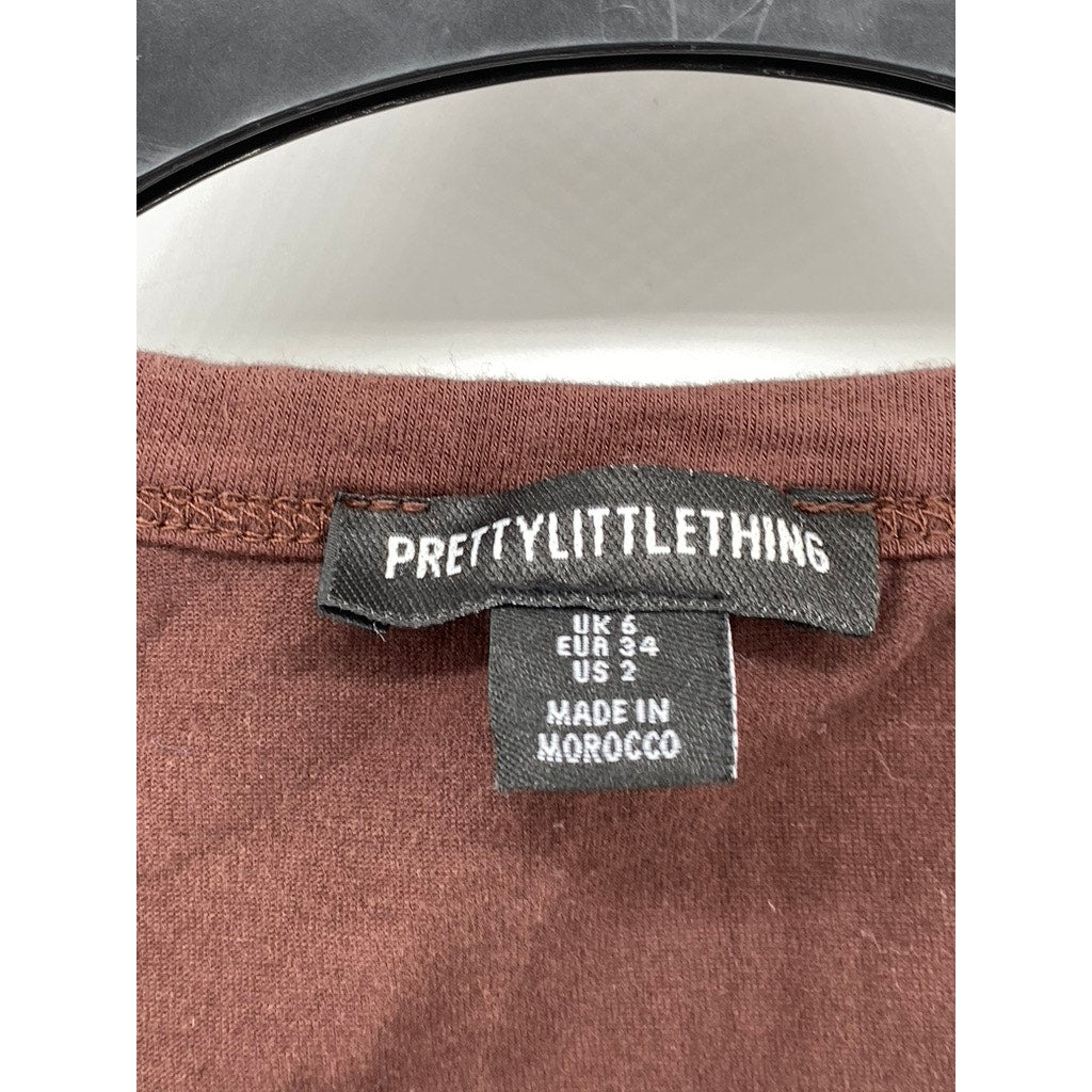 PRETTYLITTLETHING Women's Brown Solid Asymmetrical Button-Up Long Sleeve Top SZ2