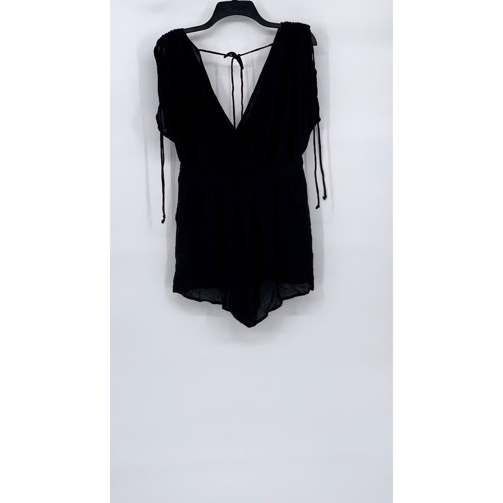 ASOS DESIGN Women's Black Crinkle Tie-Shoulder V-Neck Semi Sheer Romper SZ 8